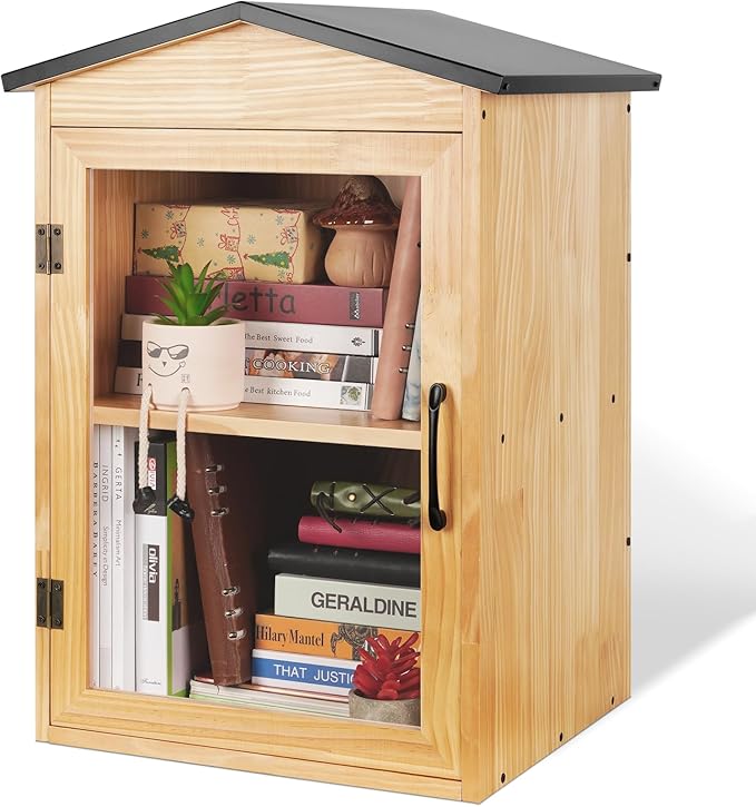 Outdoor Library Box Literature Exchange Box Outdoor Book Storage Little Wood Cabinet for DIY, Neighborhoods Community and Schools Sharing Books, Literature and Newspapers (16x14x25 Inch)