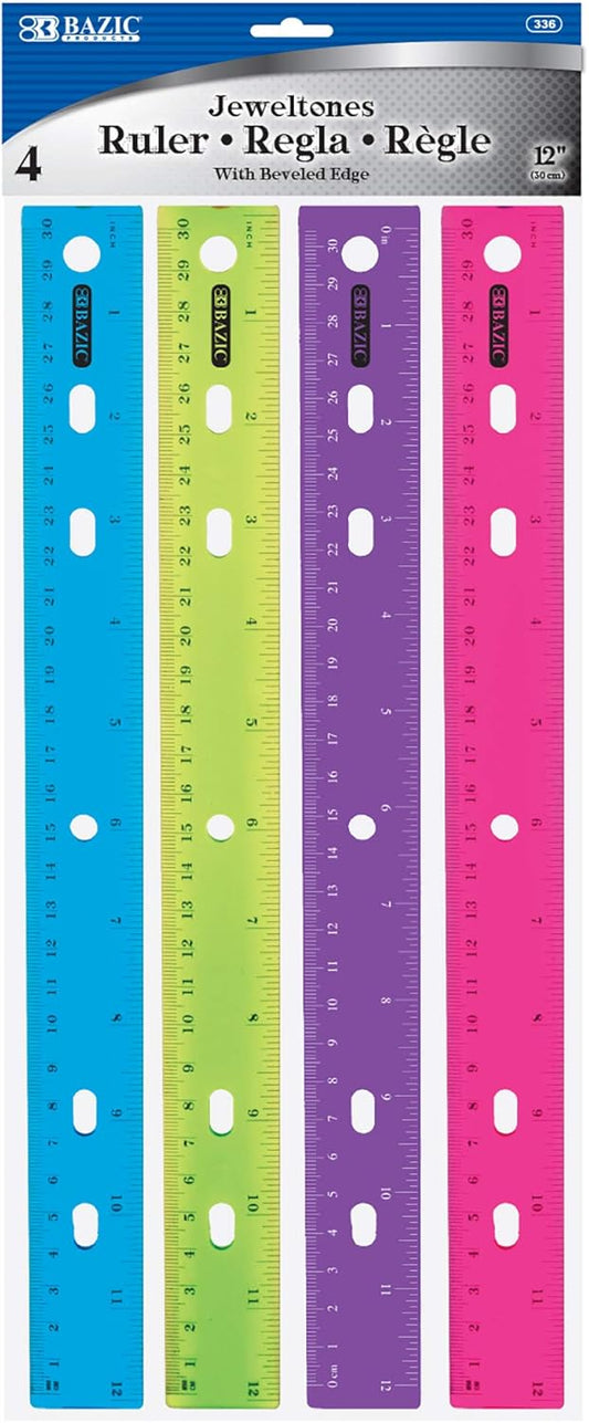 BAZIC Jeweltones Color Plastic Ruler 12" (30cm), Inches Centimeter Metric Measuring Drafting Rulers, for Students School Supplies (4/Pack), 24-Packs