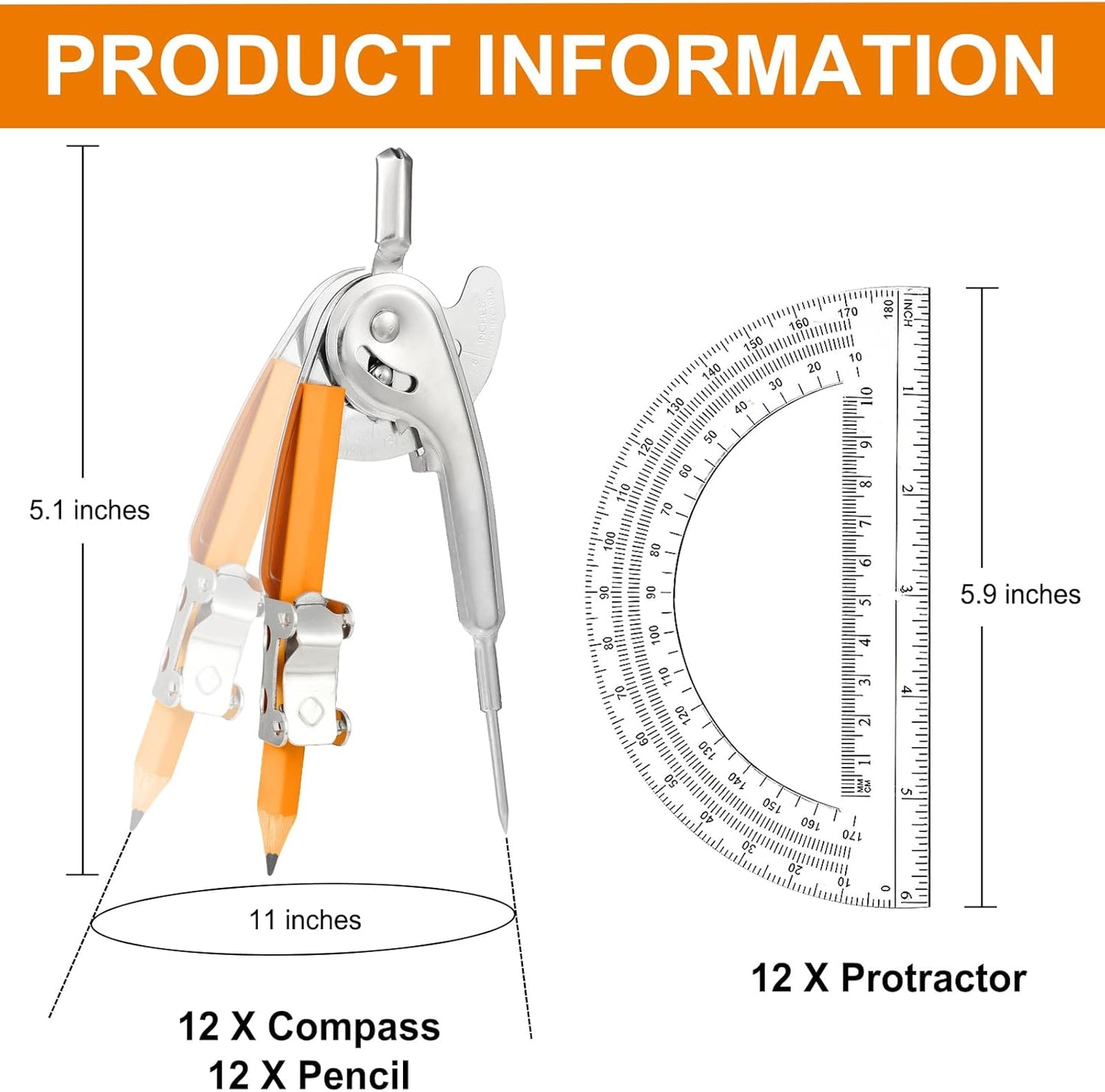 24 Pack Geometry Tool Set, Math Compass for Geometry and 6 Inch Protractor Set Include Metal Compass with Pencil and Clear Plastic Protractor for Student Classroom Office Woodworking Art Drawing