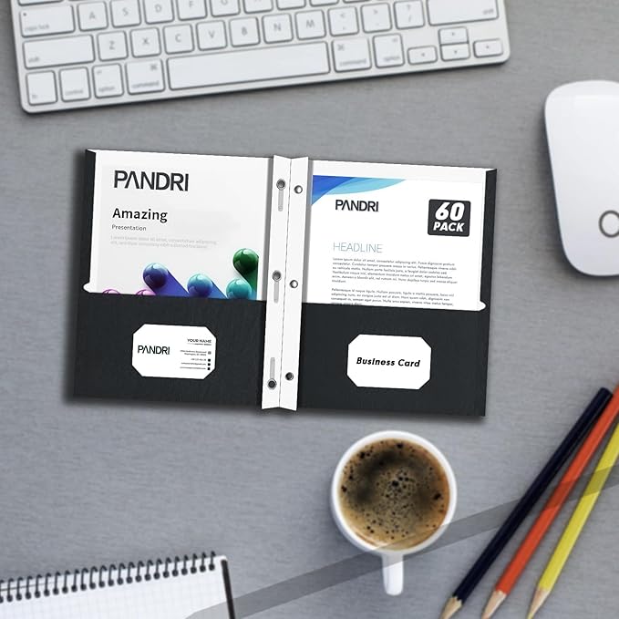 Two Pocket Folders, PANDRI 60 Pack Two Pocket Folders with Prongs, 3 Prong Folders Designed for Office and Classroom, Letter Size Black