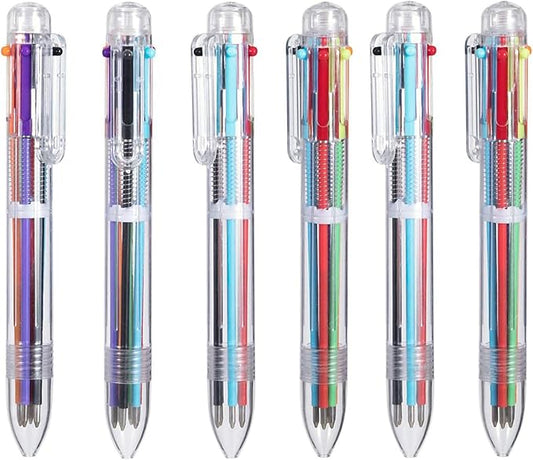 EEOYU 6 Pack Multicolor Pens 0.5mm 6-in-1 Retractable Ballpoint Pens 6 Colors Transparent Barrel Ballpoint Pen for Office School Supplies Students Children Gift