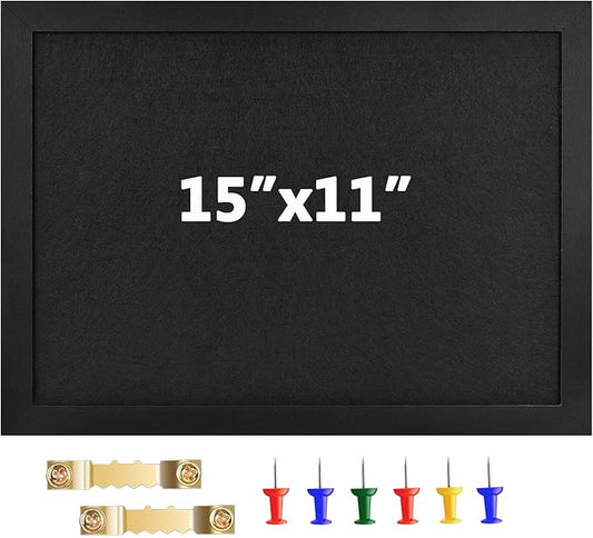 Cork Board Bulletin Board Wood Framed Display with Felt, Pin Board for Jewelry, Notes, Memos, Photos, Home, Kitchen, Office, School, Wall, 15"x11", Wood Framed(Black) & Felt(Black)