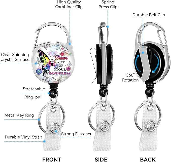 Butterfly flowerBadge Holder with Retractable Reel and Breakaway Lanyard，Badge Clips Retractable Heavy Duty Badge Reel，Funny Keychain，ID Holder with Breakaway Lanyard for School Nurse Office Teen