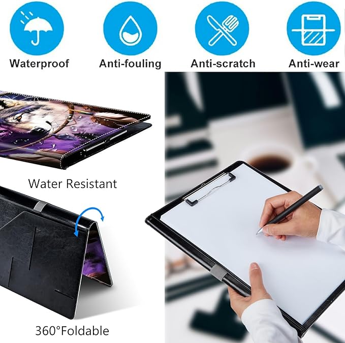 Dream Chasing Wolf PU Leather Padfolio Clipboard Notepad with Pen Loop and Elastic Strap Interview/Resume Document Organizer for Business School Office