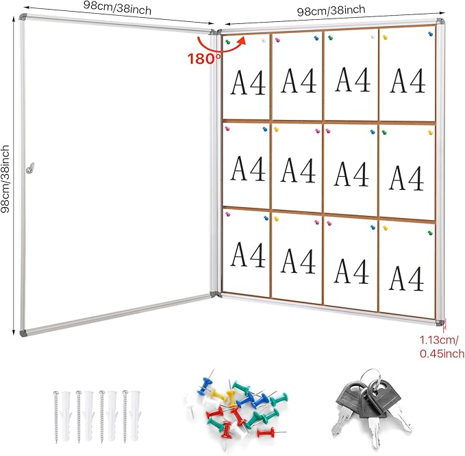 SWANCROWN Enclose Bulletin Board Case Big School Cork Pin Noticeboards Secure Cabinet for Message Guide 38x38inches (12xA4)