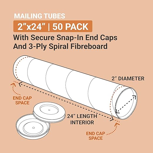 AVIDITI Cardboard Tubes with Caps, 24"L x 2"W x 2"H, Pack of 50 | Poster Tube for Mailing and Storage of Blueprints, Artwork, Crafts, Long Art Holder, 24 inches