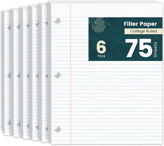 College Ruled Loose Leaf Paper, 6 Pack Notebook Paper 8x10.5 Lined Paper, Filler Paper for 3 Ring Binders, Writing Pads 75 Sheets Per Notepad Double-Side Printed Lined Paper College Ruled for Home