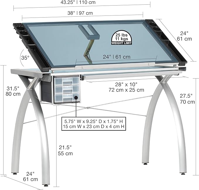 SD STUDIO DESIGNS Futura Crafting, Drafting, Drawing Adjustable Top Hobby Table Writing Studio Art Desk with Drawers, 38''W x 24''D, Tempered, Silver/Blue Glass
