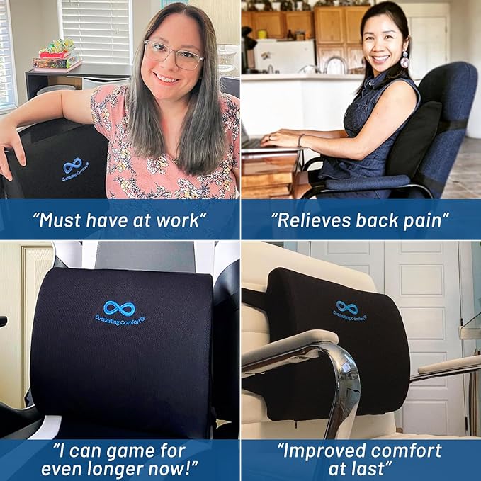 Everlasting Comfort Lumbar Support Pillow for Office Chair - Gel Infused Back Cushion for Chair, Car, Couch - Lumbar Pillow Promotes Better Posture, Back Pain Relief - Ideal for Gaming and Desk Chairs