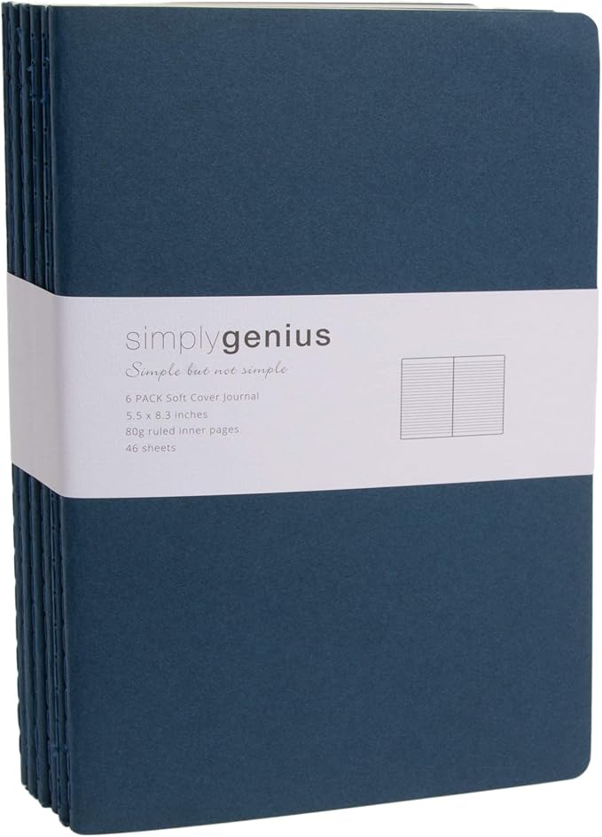 Simply Genius A5 Notebooks for Work, Travel, Business, School & More - College Ruled Notebook - Softcover Journals for Women & Men - Lined Note Books with 92 pages, 5.5" x 8.3" (Navy, 6 pack)