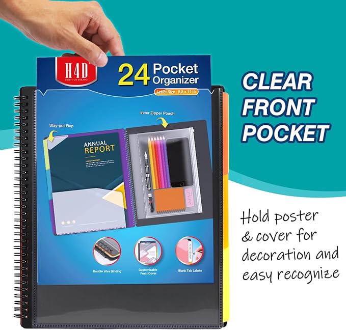 H4D 24 Pocket Poly Project Organizer, Spiral Multi Pocket Folder Organizer, Multi-Subject Folder Notebook, Letter Size