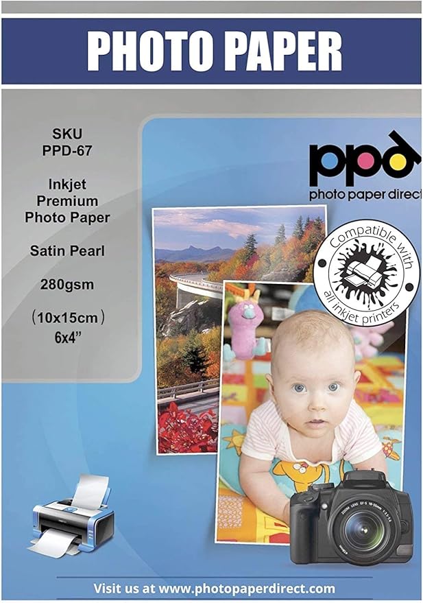 PPD Satin Photo Paper for Inkjet Printer, Premium Semi-Gloss Luster Finish 4 x 6 Size Sheets for Printable Photos, Thick 255 gsm 68 lbs 10.5 mil, White, Water Resistant & Instant Dry Prints (100 Pack)