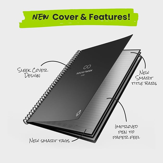 Rocketbook New Core Reusable Spiral Notebook, Letter Size 8.5x11, Black - Lined Pages, App-Connected, Erasable, Durable Cover, Ideal for School, Work, and Creative Projects (Pack of 1)