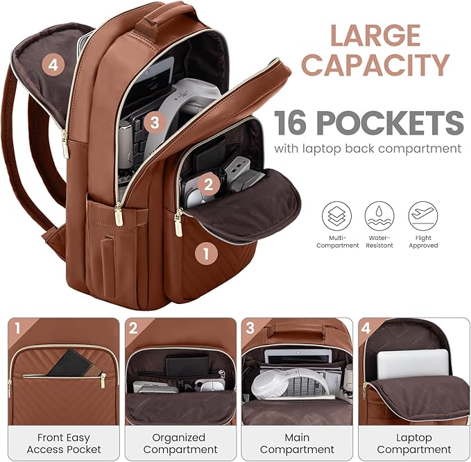 LOVEVOOK Leather Backpack for Women,15.6 inch Leather Laptop Backpack Women Computer Backpack Laptop Bag,Stylish Quilted Travel Backpack Purse Work Bag College Teacher Backpack with USB Port,Brown