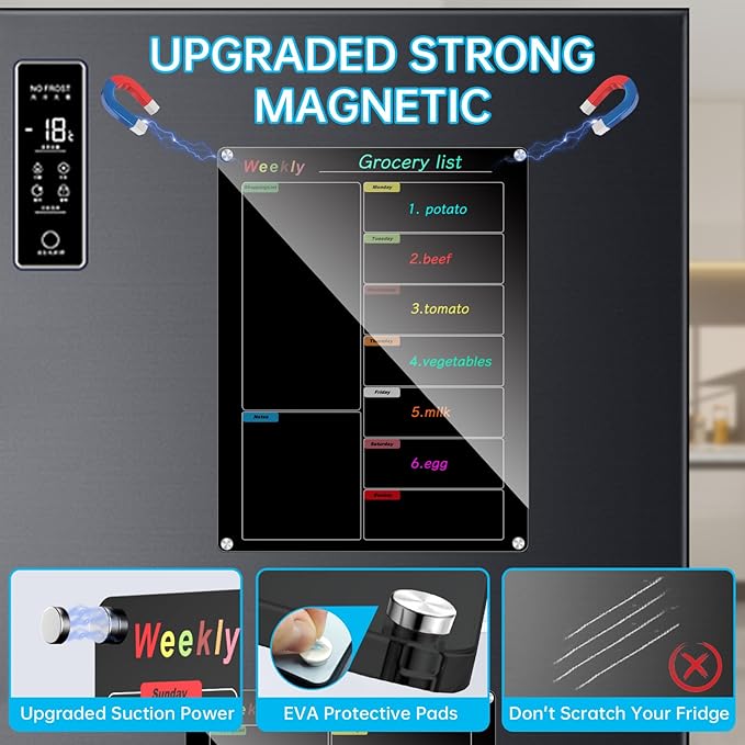 Fridge Calendar Meal Planning Board, Dry Erase Acrylic Magnetic Monthly Weekly Calendar Planner for Refrigerator with 6 Colors Markers (Black-Weekly(15.7x11.8))