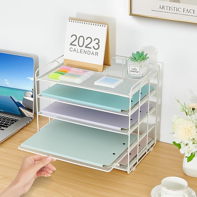 5 Tier Mesh Paper Letter Tray Organizer, Desktop Mail Sorter Office Supplies Organizer for Desk, Desk Organizers and Accessories (White)