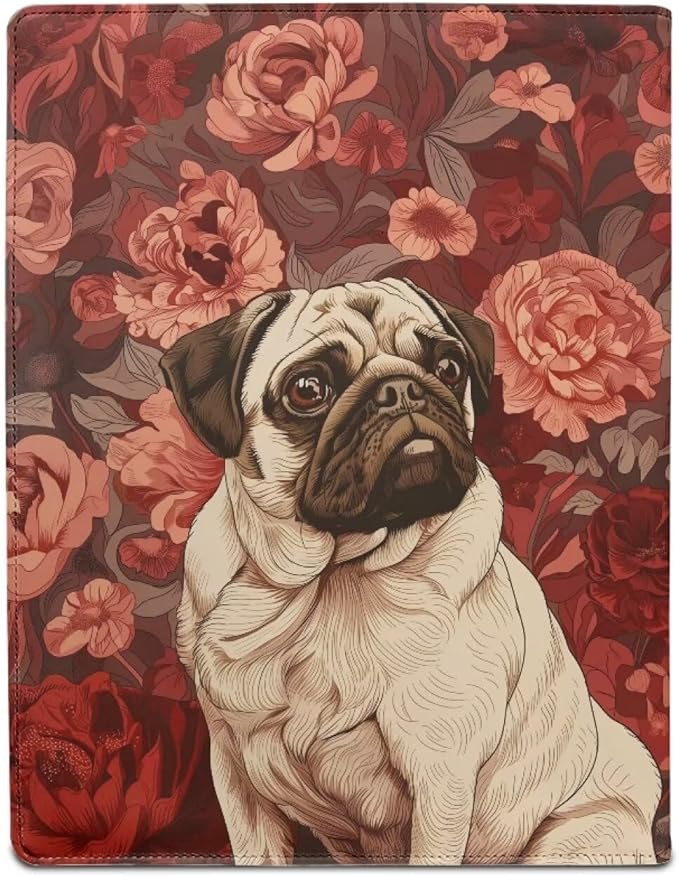 Office Folder Pug Dog Flower Print PU Leather Padfolio with A4 Size Clipboard Clip for Business Resume Interview Document Sleeve Binder Folder for Men/Women