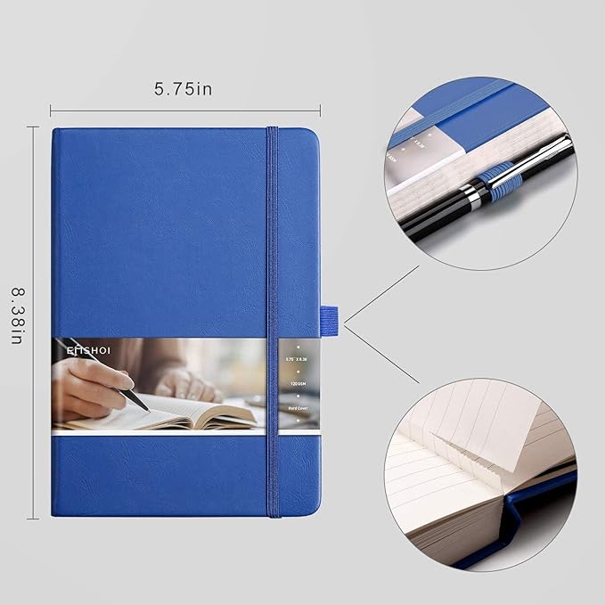 EMSHOI Lined Journaling Notebooks - 120gsm Thick Leather Journal with Sticky Notes, 256 Numbered Pages A5 Hardcover College Ruled Notebook for Women Men Work School Writing, 5.75" x 8.38"-Blue