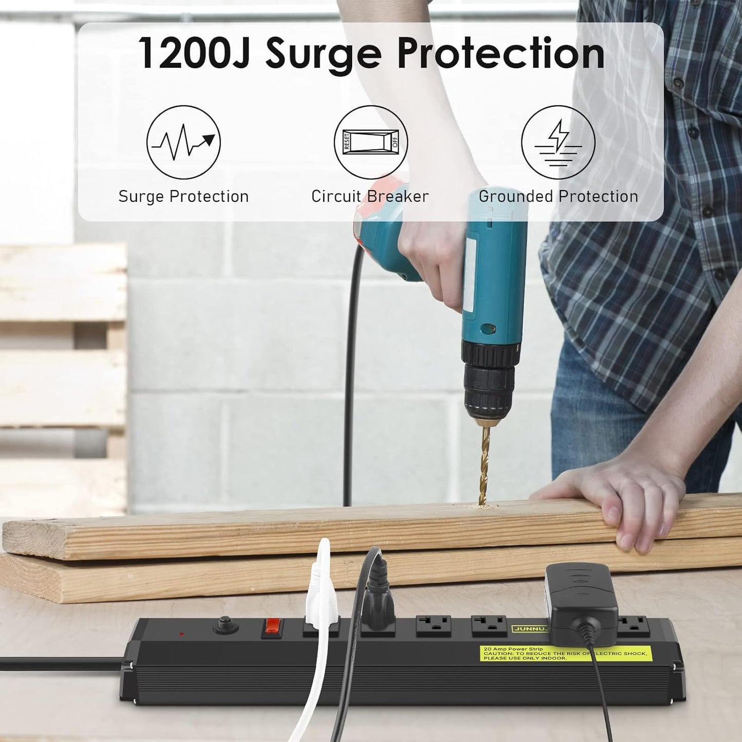 JUNNUJ Heavy Duty 20 Amp Power Strip 4800J, High Amp Surge Protector 6 Outlet, 20A Power Strips Workshop Industrial Outlets Wide Spaced 6-20R T-Slot with Circuit Breaker, 12 Gauge Extension Cord 6ft
