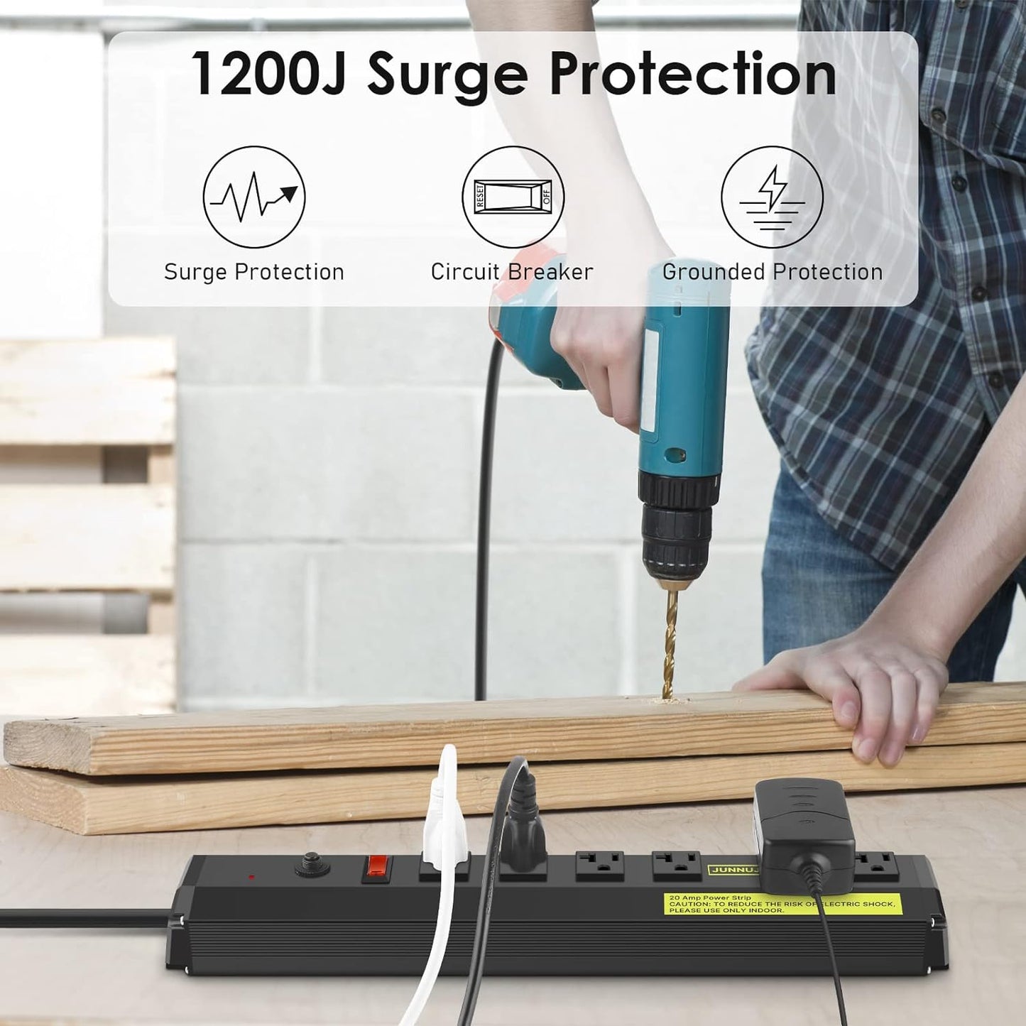 JUNNUJ Heavy Duty Metal Power Strip 20 Amp, High Amp Surge Protector 6 Outlet, 20A Power Strips Workshop Industrial Outlets Wide Spaced 6-20R T-Slot with Circuit Breaker, 12 Gauge Extension Cord 15ft