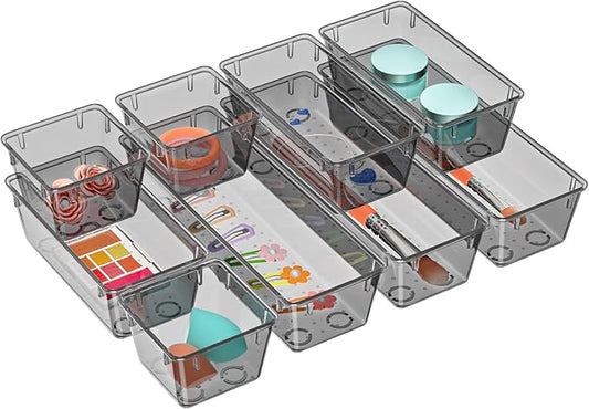WOWBOX 9 Pack Clear Drawer Organizer Set, Acrylic Drawer Storage Trays, Storage Bins for Makeup, Cosmetics, Jewelries, Utensils, Gadgets, Office, Black