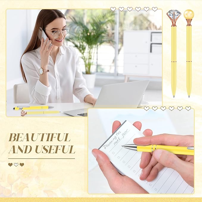 6 Pcs Ballpoint Pens Set Metal Crystal Diamond Pen for Journaling Glitter Pretty Cute Stationery Black Ink Fancy Gifts for Women Girls Teacher Office Wedding School Supplies(Yellow)