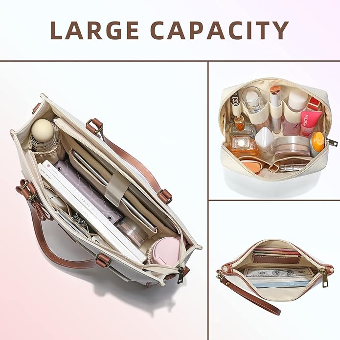 Keyli 3 PCS Laptop Bag for Women Canvas Tote Bags 15.6 inch Large Capacity Shoulder Handbag Lightweight Briefcase Purses