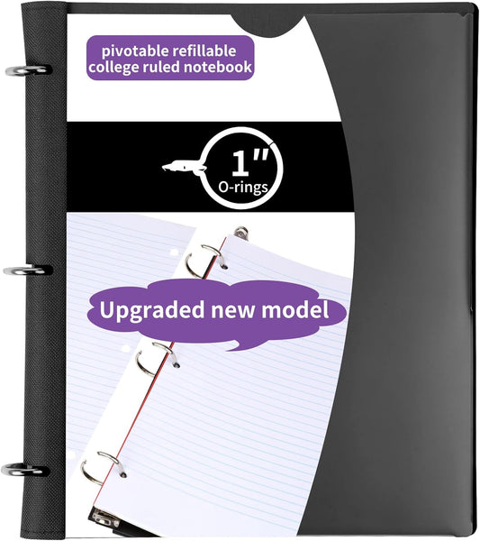 Pivotable Refillable Notebook, Upgraded 1 Inch 3 Ring Notebook Binder, 100 College Ruled Paper, 5 Subject Notebook with Dividers and Folder Pockets, Tabs- Black