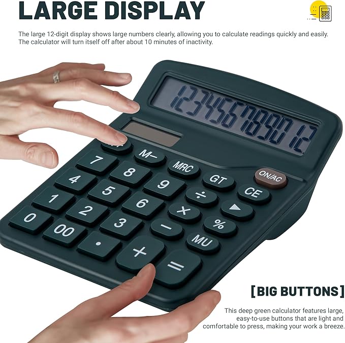 Golcellia Calculators Desktop, Dark Green Calculator, Cute Calculator 12 Digit Desk Calculator Large Display, Dual Power Solar Battery, Office Home School Supplies for Adults & Students