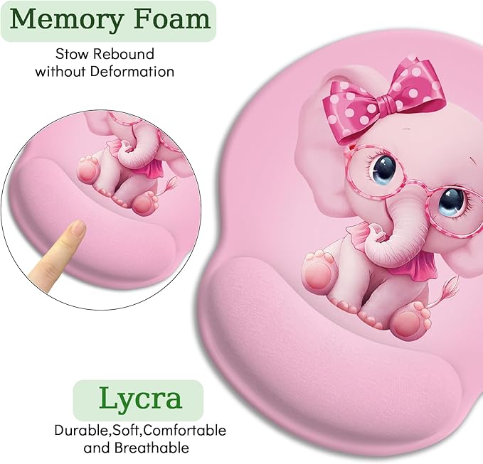 Pink Elephant Ergonomic Mouse Pad with Wrist Rest, Gaming Mouse Pad Wrist Support with Non-Slip Pain Relief PU Base, Cute Mouse Pads for Desk Work, Cute Pink Office Supplies Desk Accessories