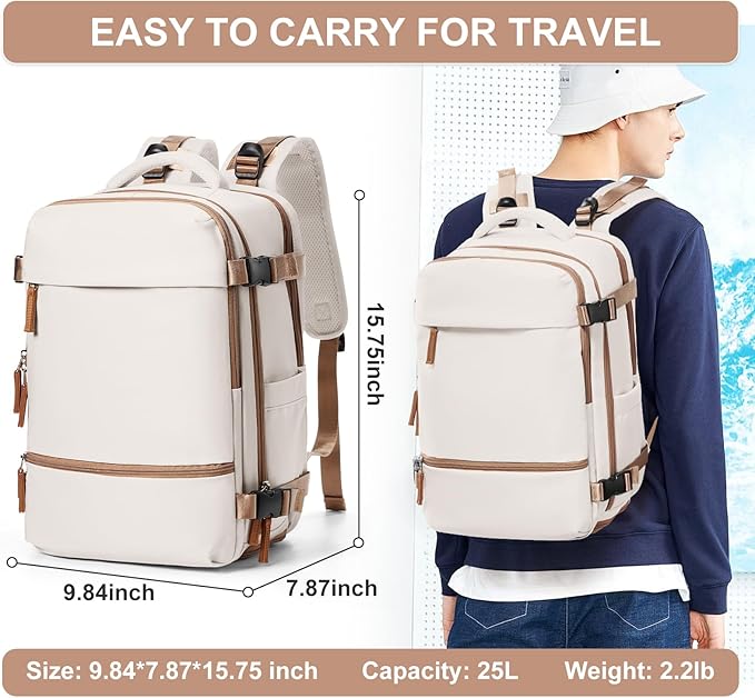 Travel Backpack Simple Durable Carry On Backpack with Shoe Compartment, Personal Item Travel Bag Flight Approved, Water Resistant Laptop Backpack for Women Men Weekender Business, Beige