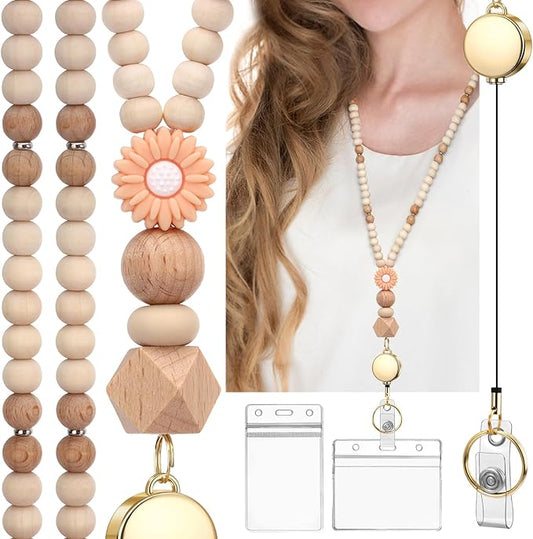 Teacher Lanyard, Cute Lanyards for Id Badges Keys, Retractable Natural Wooden Beaded Lanyard for Women