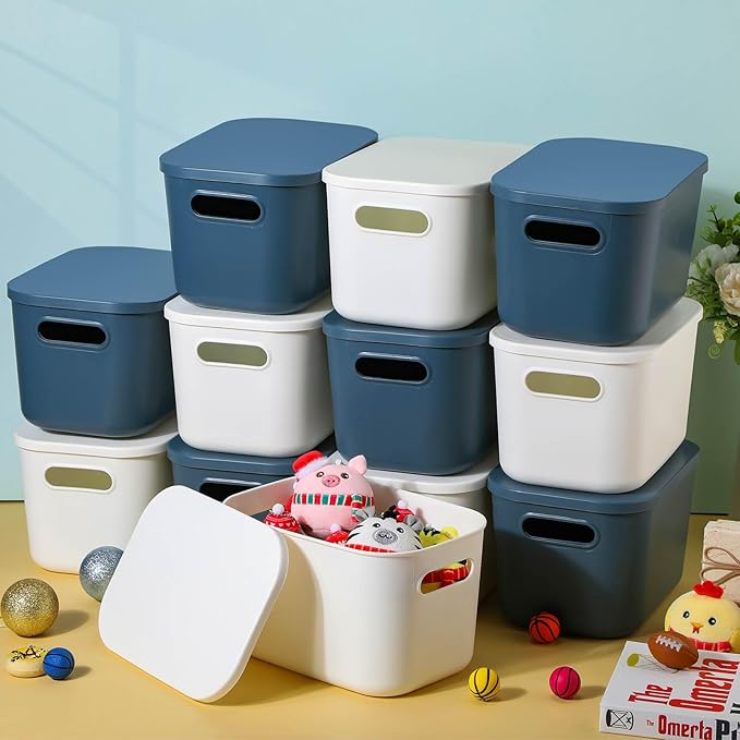 Thyle 12 Pack Plastic Storage Bins with Lids and Handles Colorful Stackable Desktop Storage Box Bins with Marker Label for Office Classroom Cabinet Shelf Drawer Kitchen, 10x7x6 Inch(Blue, White)