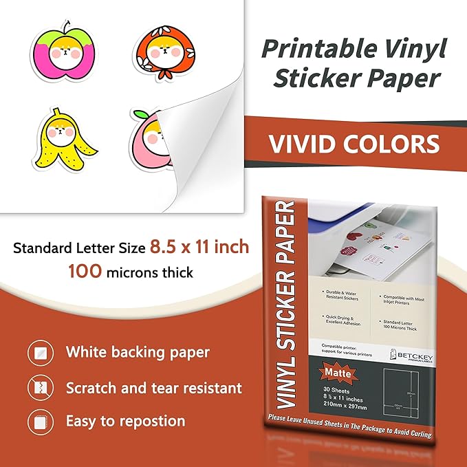 Matte Printable Vinyl Sticker Paper for Inkjet & Laser Printer - 30 Sheets - 8.5" x 11" - Waterproof, Dries Quickly Vivid Colors