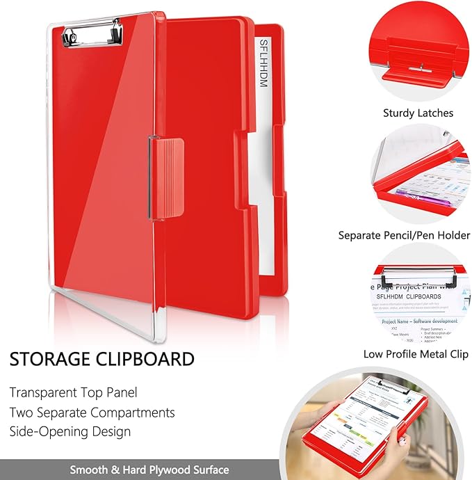 Clipboard with Storage,Heavy Duty Clip Boards 8.5x11 with 2 Storage Case,Clear Visible Top Panel Storage Clipboards,Side Opening Clip Boards,Nursing Clipboard Folder Case for Office Supplies-Red