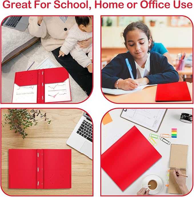Heavy Duty Plastic Folder, 60 Pack, Pocket Folder with brads, Letter Size Poly File, Plastic Folders with 3 Prongs Fasteners - Red