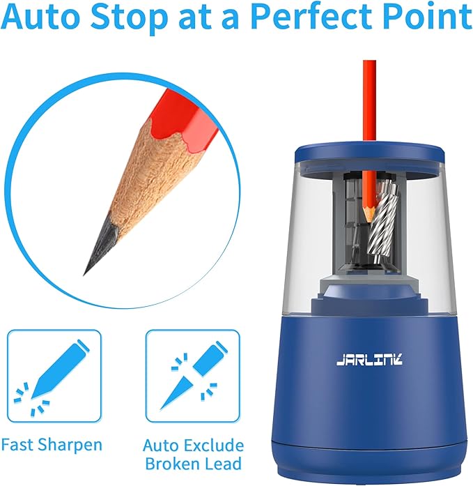 JARLINK Electric Pencil Sharpener, Heavy-Duty Helical Blade to Fast Sharpen, Auto Stop for No.2/Colored Pencils(6-8mm), USB/Battery Operated in School Classroom/Office/Home (Blue)