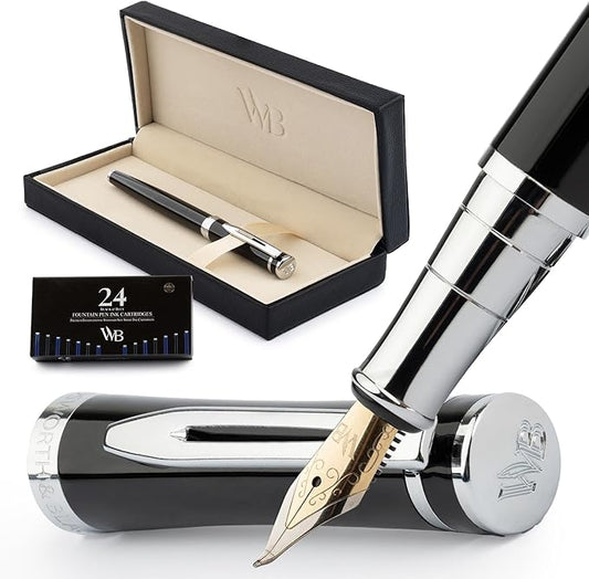 Wordsworth & Black Fountain Pen Set, Bent Nib, Includes 24 Pack Ink Cartridges, Ink Refill Converter & Gift Box, Chrome Finish, Calligraphy, [Black Chrome], Perfect for Men & Women