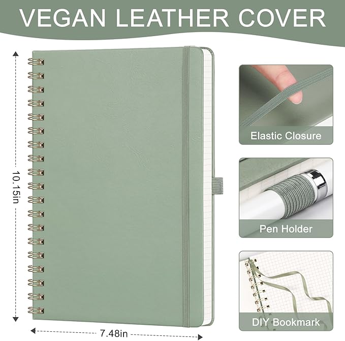 AHGXG Graph Paper Notebook - Spiral Notebook Hardcover Leather Journal 140 Pages, B5 Large Grid Notebook 7.6" x 10", 100 gsm Thick Paper, for School Writing Graphing Engineering Math, Sage Green