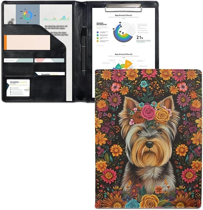 Office Folder Flower Dog Print PU Leather Padfolio with A4 Size Clipboard Clip for Business Resume Interview Document Sleeve Binder Folder for Men/Women