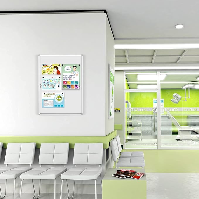SWANCROWN Enclosed Bulletin Board Magnetic Dry Erase Noticeboard Lockable Display Boards White with Aluminium Frame 26x20inch(4xA4)
