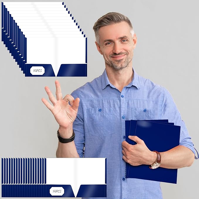 Jutom 50 Pcs 2 Pocket Glossy Paper Folders Glossy Paper Laminated Portfolios, Letter Size, Presentation Folders with Pockets for Office Teacher Worker Supplies(Blue Color)