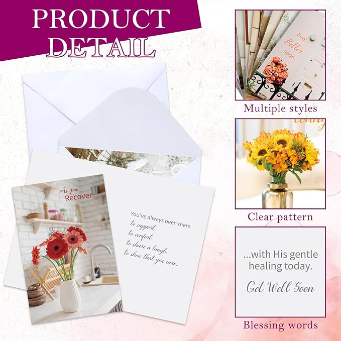 36 Sets Christian Get Well Soon Cards with Scripture Assorted Religious Bible Verse Wishing You Well Greeting Cards with Envelope(Various Floral)