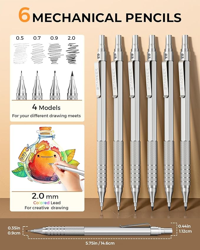 30Pcs Metal Mechanical Pencil Set with Leather Case, 0.5/0.7/0.9/2.0mm Art Drafting Pencils, 16 Tubes Graphite Leads(6B 4B 2B HB 2H 4H) with Colored Leads for Sketching Drawing Writing(Silver)