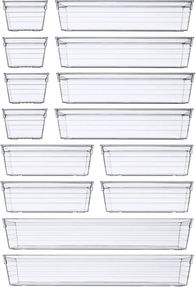 DCA 14 PCS Clear Plastic Drawer Organizer Tray, 4 Sizes Desk Drawer Divider Organizers and Storage Bins for Makeup, Kitchen Utensils, Jewelries and Gadgets