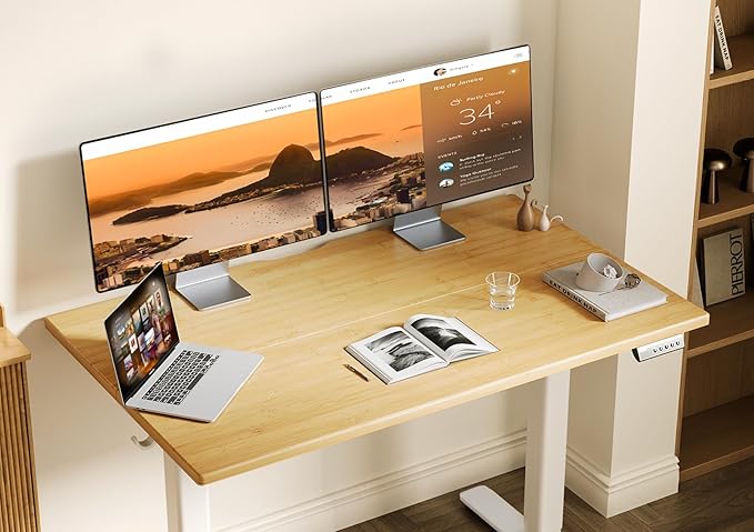 Bamboo Electric Standing Desk, Adjustable Height Stand up Desk, 48x24 Inches Sit Stand Home Office Desk with Splice Board, White Frame/BambooTop