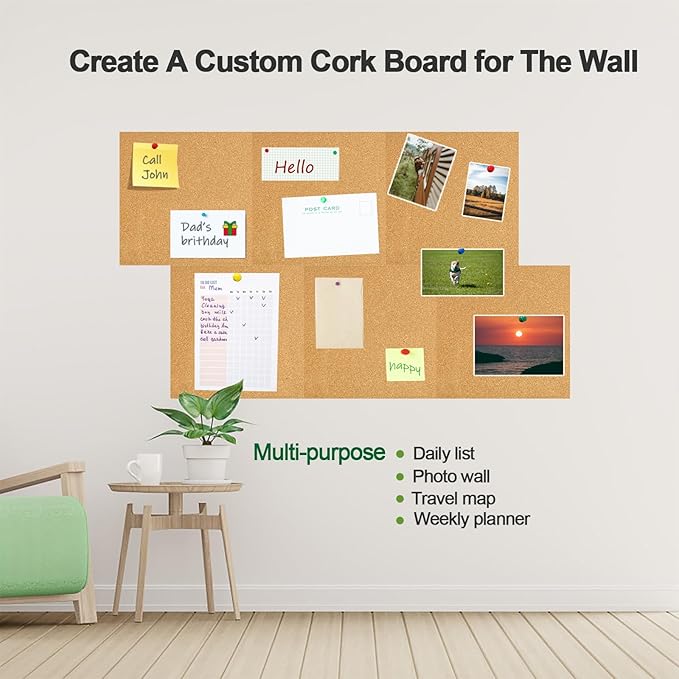 6 Packs Cork Board Tiles 12" x 12", 0.35" Thick Self-Adhesive Cork Boards for Walls with 50 Push Pins, Square Bulletin Boards Cork Tiles for Home Office Decorative