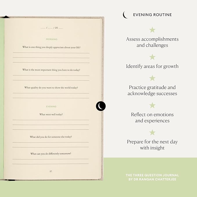 The Three Question Journal Dr. Rangan Chatterjee - Daily Gratitude Journal 2025 for Mindfulness, Stress Relief, Guided Journal for Daily Mental Wellness Personal Growth - Green - Intelligent Change