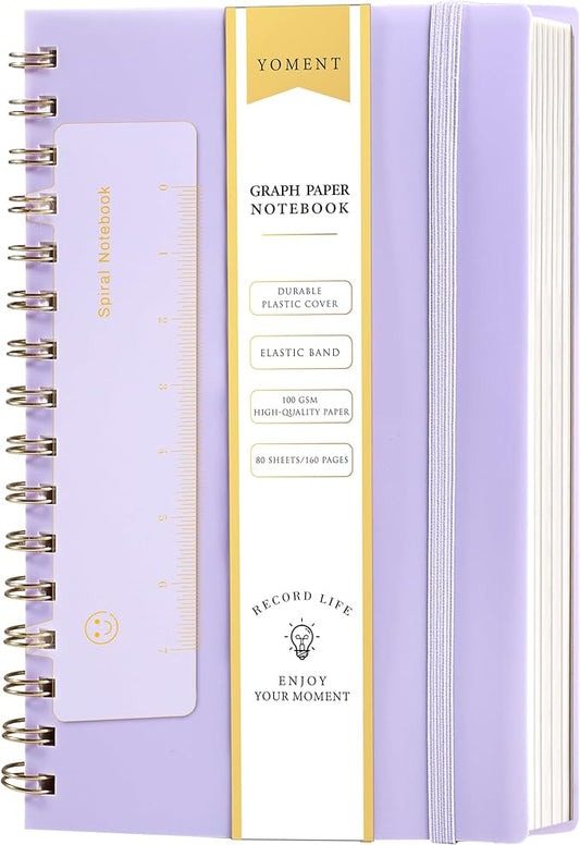 Yoment Graph Paper Spiral Notebook A5 Graphing Notebook 160 Pages Graph Paper Notebook Spiral Bound Waterproof Plastic Hardcover Spiral Journal 5x7 Grid Notebooks for Note Taking,Purple