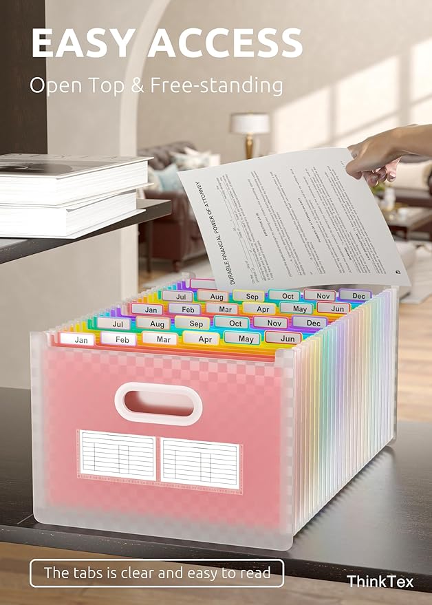 ThinkTex 26 Pockets Expanding File Folder, Upright & Open Top, A-Z Colorful Tabs, Larger Capacity Accordian Folder, Letter/A4 Size for School, Home and Office - Pink